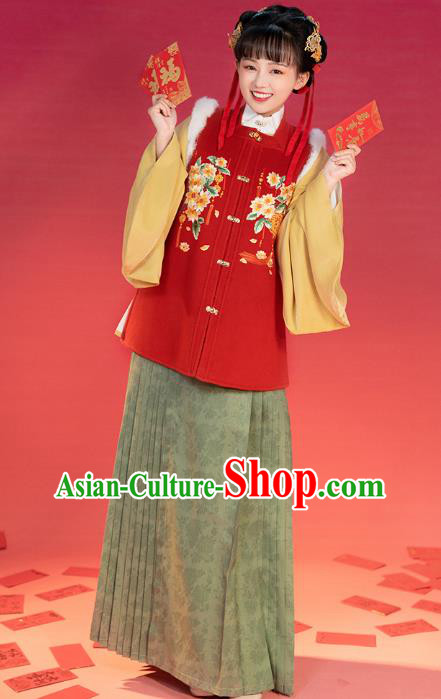 China Traditional Ming Dynasty Young Lady Historical Clothing Ancient Patrician Beauty Winter Hanfu Costume