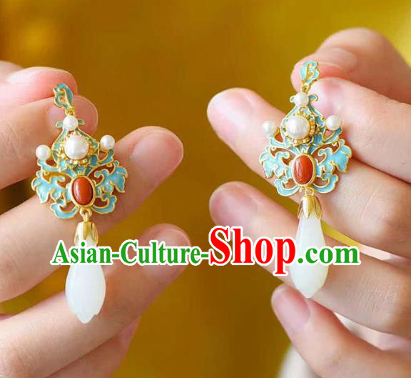 Handmade China Traditional Jewelry Cheongsam Pearls Eardrop Accessories National Jade Mangnolia Earrings