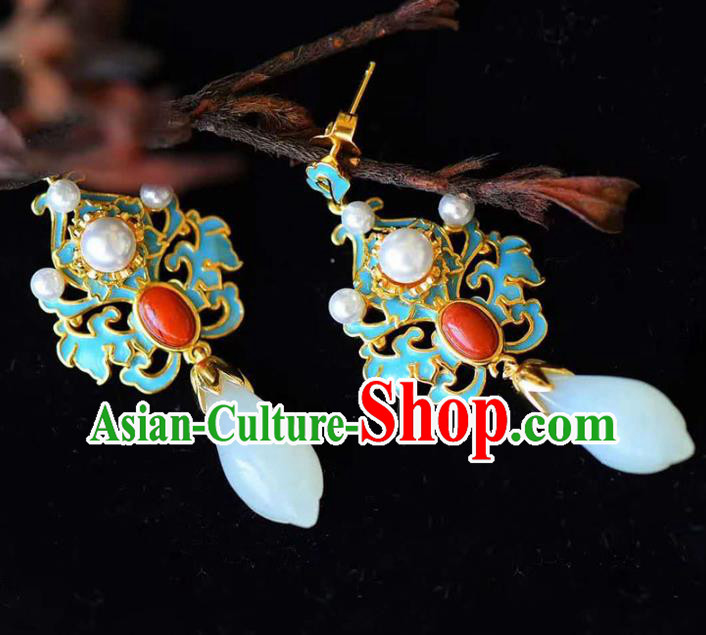 Handmade China Traditional Jewelry Cheongsam Pearls Eardrop Accessories National Jade Mangnolia Earrings