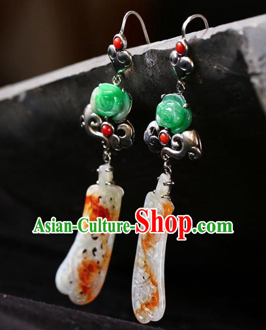 Handmade China Cheongsam Silver Eardrop Accessories Traditional Jewelry National Jadeite Earrings