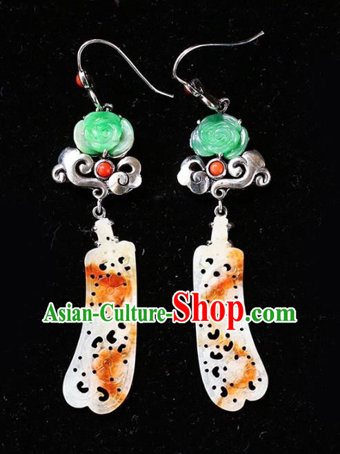 Handmade China Cheongsam Silver Eardrop Accessories Traditional Jewelry National Jadeite Earrings