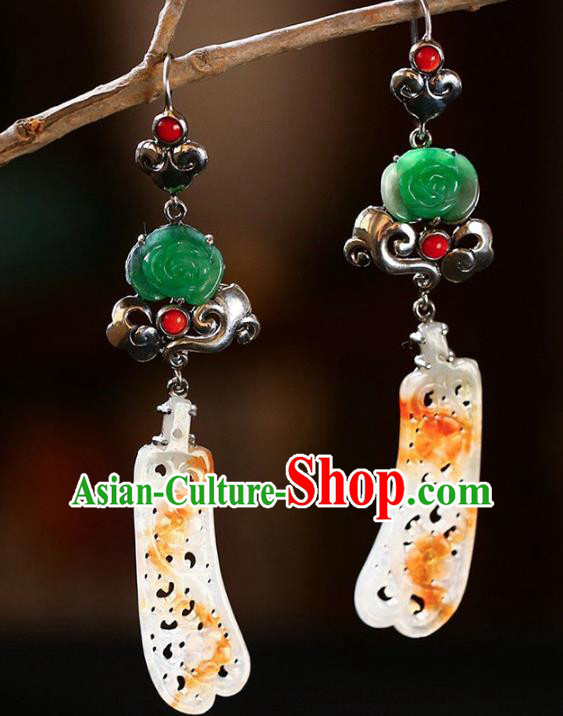 Handmade China Cheongsam Silver Eardrop Accessories Traditional Jewelry National Jadeite Earrings