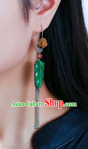 Handmade China National Jade Leaf Earrings Cheongsam Tassel Eardrop Accessories Traditional Silver Jewelry