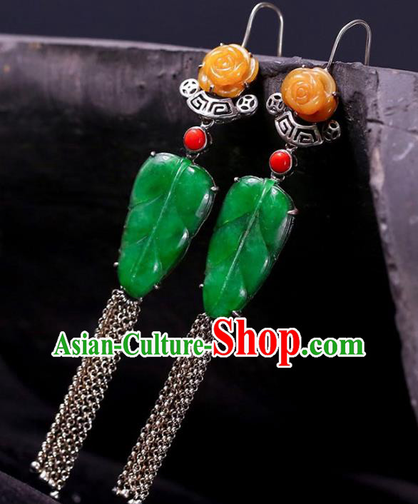 Handmade China National Jade Leaf Earrings Cheongsam Tassel Eardrop Accessories Traditional Silver Jewelry