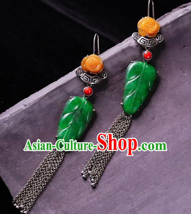 Handmade China National Jade Leaf Earrings Cheongsam Tassel Eardrop Accessories Traditional Silver Jewelry