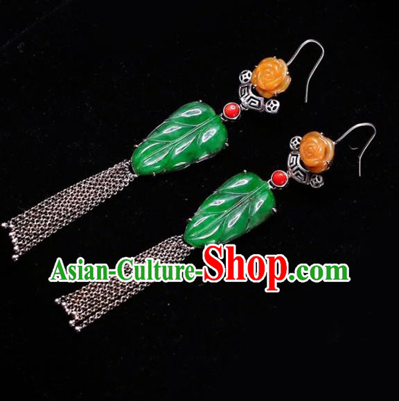Handmade China National Jade Leaf Earrings Cheongsam Tassel Eardrop Accessories Traditional Silver Jewelry