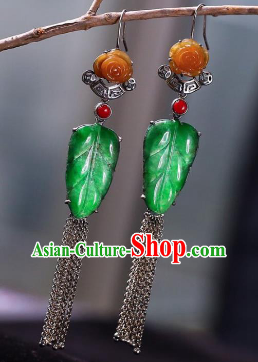 Handmade China National Jade Leaf Earrings Cheongsam Tassel Eardrop Accessories Traditional Silver Jewelry