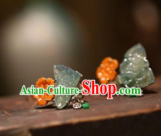 Chinese National Agate Flowers Ring Jewelry Traditional Handmade Jadeite Circlet Silver Accessories