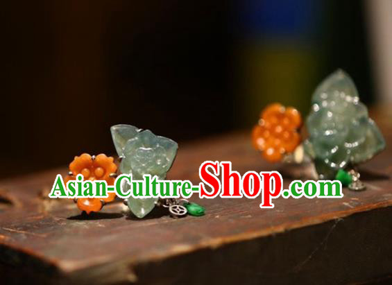 Chinese National Agate Flowers Ring Jewelry Traditional Handmade Jadeite Circlet Silver Accessories