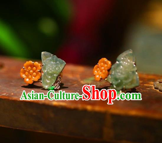 Chinese National Agate Flowers Ring Jewelry Traditional Handmade Jadeite Circlet Silver Accessories