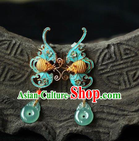 Handmade China Cheongsam Blue Bat Eardrop Accessories National Earrings Traditional Jade Jewelry