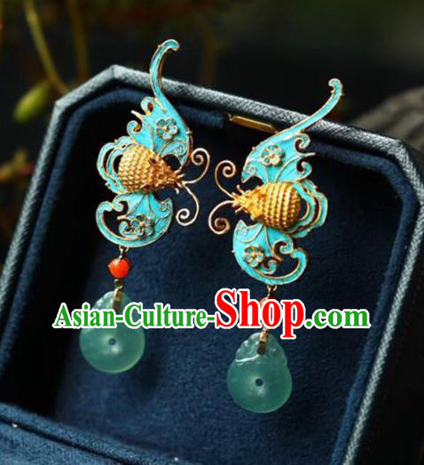 Handmade China Cheongsam Blue Bat Eardrop Accessories National Earrings Traditional Jade Jewelry