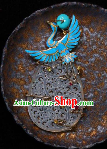Chinese National Classical Blueing Crane Necklace Accessories Handmade Jade Carving Necklet Pendant