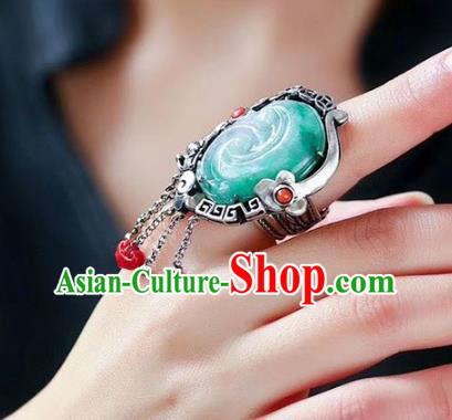Chinese National Silver Tassel Ring Jewelry Traditional Handmade Jade Carving Circlet Accessories