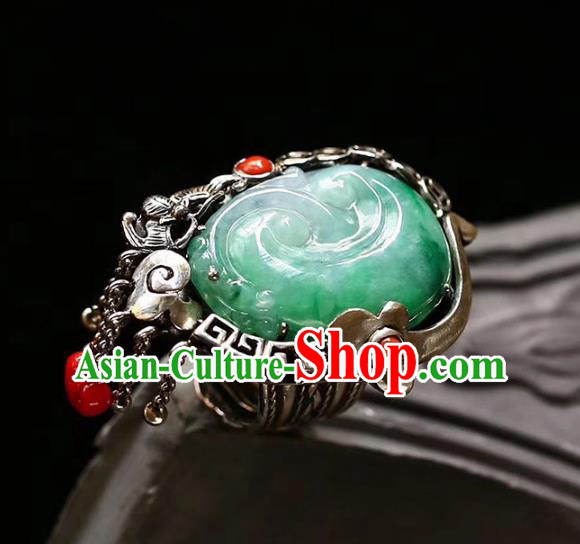 Chinese National Silver Tassel Ring Jewelry Traditional Handmade Jade Carving Circlet Accessories