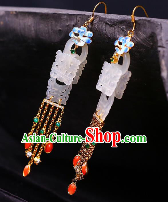 Handmade China National Tassel Earrings Traditional Blueing Jewelry Accessories Cheongsam Jade Eardrop
