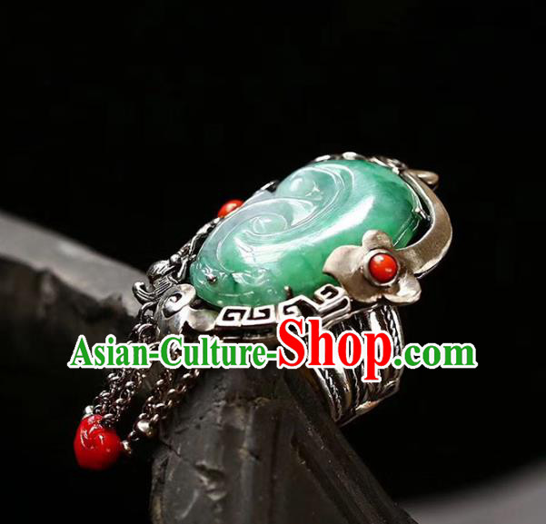 Chinese National Silver Tassel Ring Jewelry Traditional Handmade Jade Carving Circlet Accessories