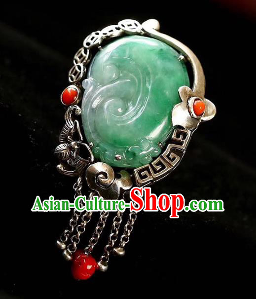 Chinese National Silver Tassel Ring Jewelry Traditional Handmade Jade Carving Circlet Accessories