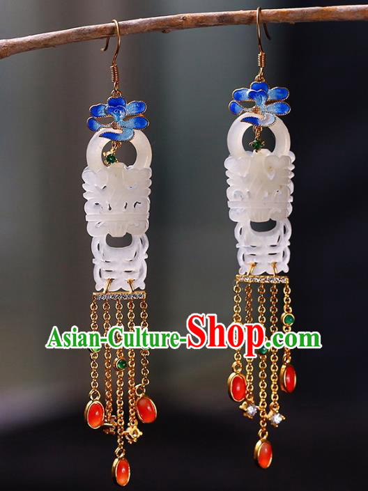 Handmade China National Tassel Earrings Traditional Blueing Jewelry Accessories Cheongsam Jade Eardrop