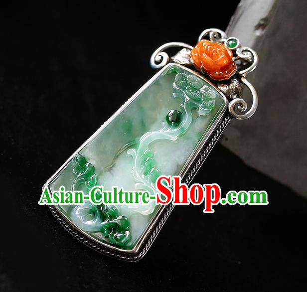 Chinese National Classical Jade Carving Necklace Accessories Handmade Silver Necklet Pendant