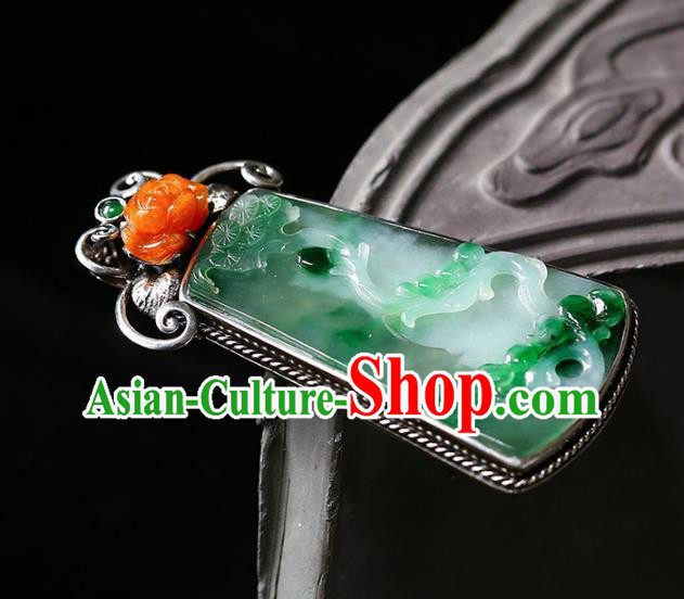 Chinese National Classical Jade Carving Necklace Accessories Handmade Silver Necklet Pendant