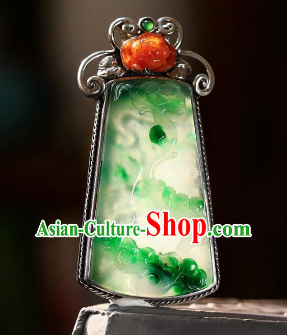 Chinese National Classical Jade Carving Necklace Accessories Handmade Silver Necklet Pendant
