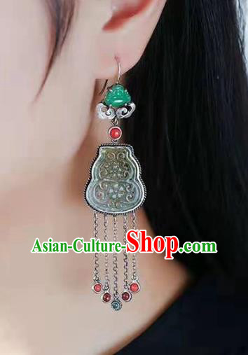 Handmade China National Jade Gourd Earrings Traditional Jewelry Accessories Cheongsam Silver Tassel Eardrop