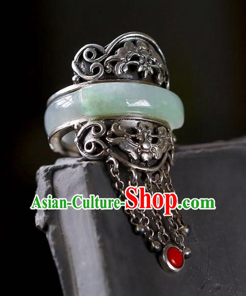 Chinese National Jade Ring Jewelry Traditional Handmade Silver Tassel Circlet Accessories