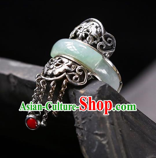 Chinese National Jade Ring Jewelry Traditional Handmade Silver Tassel Circlet Accessories