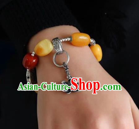 China Handmade Retro Silver Tassel Bracelet Traditional Jewelry Accessories National Beeswax Beads Bangle