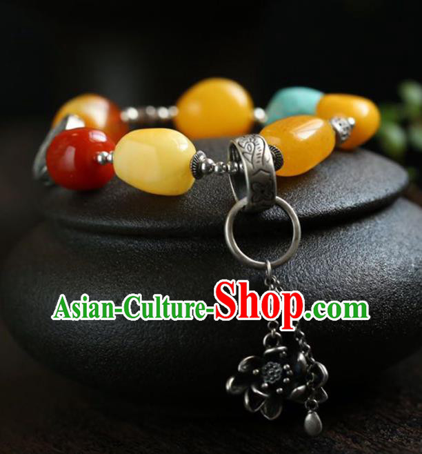 China Handmade Retro Silver Tassel Bracelet Traditional Jewelry Accessories National Beeswax Beads Bangle