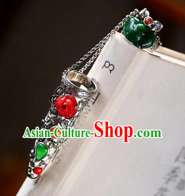 Chinese National Retro Silver Jewelry Traditional Handmade Accessories Jadeite Nail Wrap with Ring