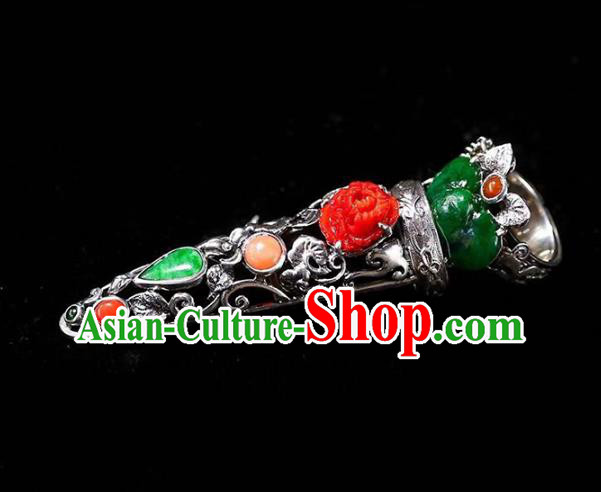 Chinese National Retro Silver Jewelry Traditional Handmade Accessories Jadeite Nail Wrap with Ring