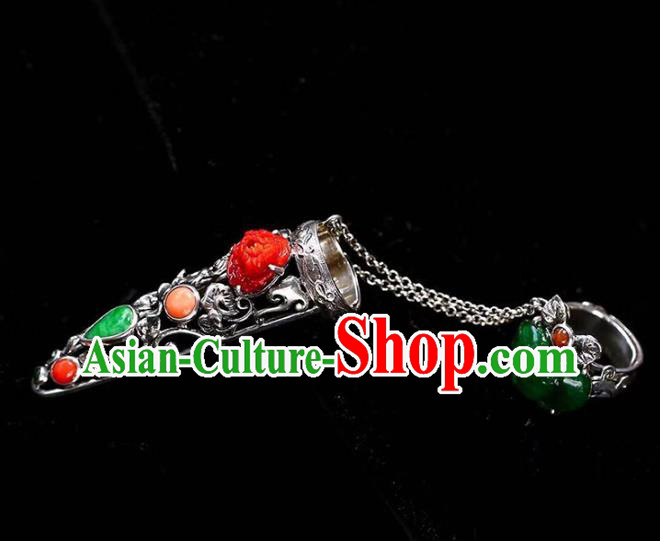 Chinese National Retro Silver Jewelry Traditional Handmade Accessories Jadeite Nail Wrap with Ring