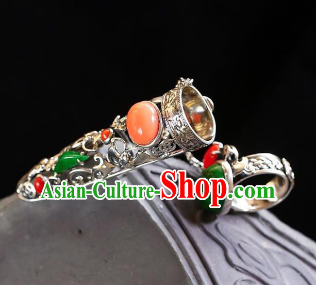 Chinese Traditional Handmade Accessories Nail Wrap with Jadeite Ring National Retro Silver Jewelry