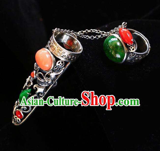 Chinese Traditional Handmade Accessories Nail Wrap with Jadeite Ring National Retro Silver Jewelry