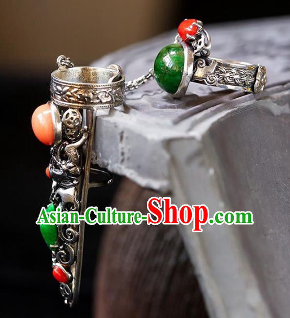 Chinese Traditional Handmade Accessories Nail Wrap with Jadeite Ring National Retro Silver Jewelry