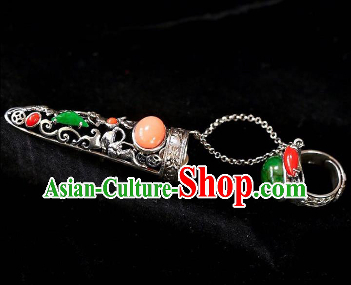 Chinese Traditional Handmade Accessories Nail Wrap with Jadeite Ring National Retro Silver Jewelry
