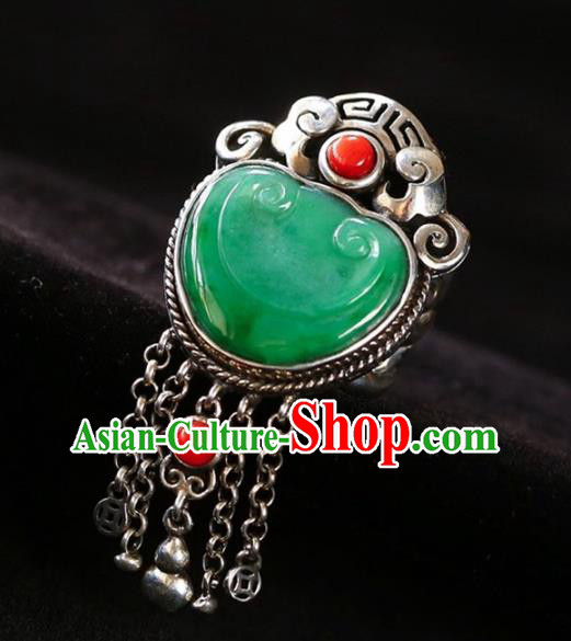 Chinese National Jadeite Carving Cloud Ring Jewelry Traditional Handmade Silver Tassel Circlet Accessories