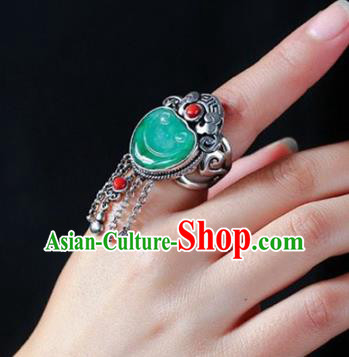 Chinese National Jadeite Carving Cloud Ring Jewelry Traditional Handmade Silver Tassel Circlet Accessories