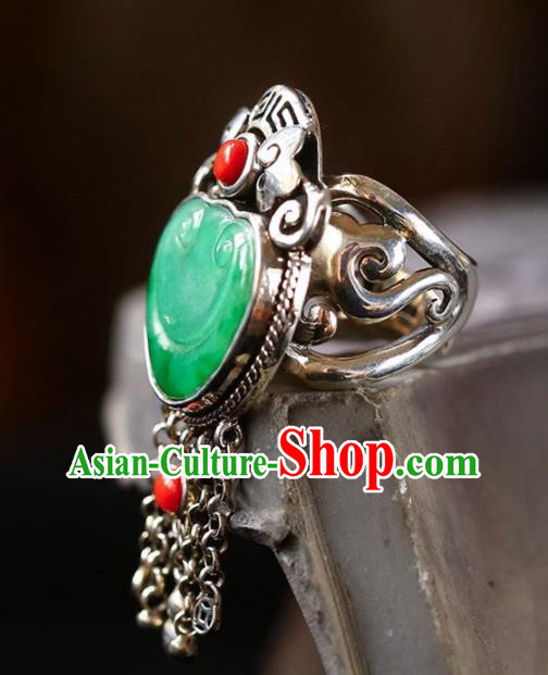 Chinese National Jadeite Carving Cloud Ring Jewelry Traditional Handmade Silver Tassel Circlet Accessories