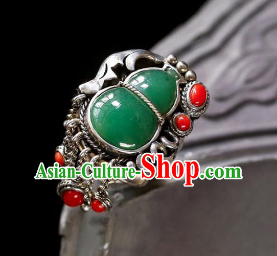 Chinese National Jadeite Gourd Ring Jewelry Traditional Handmade Agate Tassel Circlet Silver Accessories