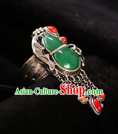 Chinese National Jadeite Gourd Ring Jewelry Traditional Handmade Agate Tassel Circlet Silver Accessories