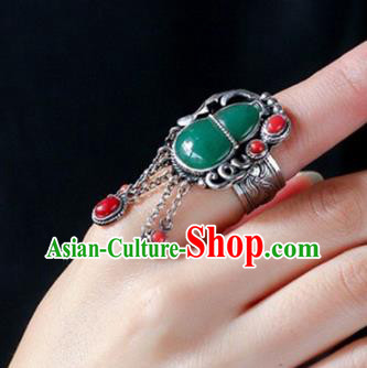 Chinese National Jadeite Gourd Ring Jewelry Traditional Handmade Agate Tassel Circlet Silver Accessories