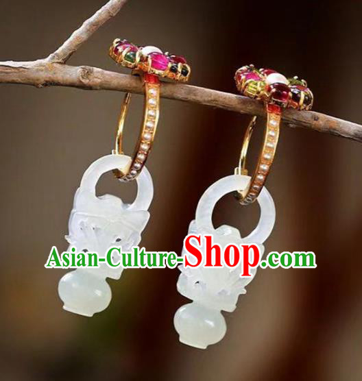 Handmade China Cheongsam Carving Basket Eardrop Traditional Tourmaline Jewelry Accessories National Jade Earrings