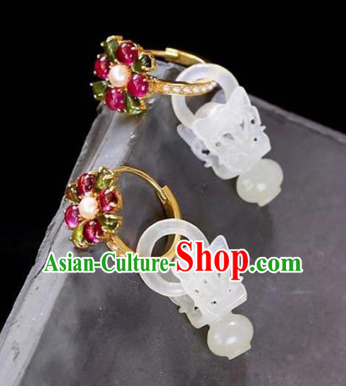 Handmade China Cheongsam Carving Basket Eardrop Traditional Tourmaline Jewelry Accessories National Jade Earrings