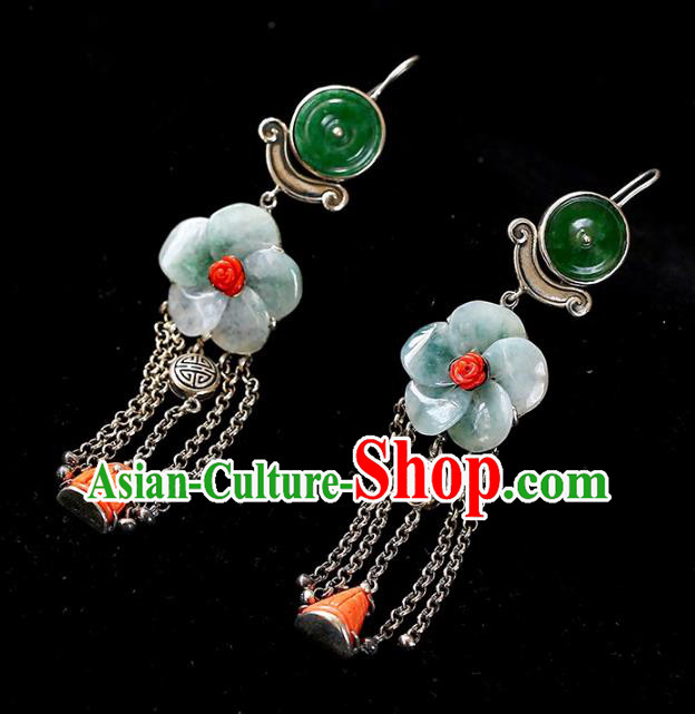 Handmade China National Silver Tassel Earrings Traditional Jewelry Accessories Cheongsam Jade Plum Eardrop