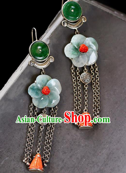 Handmade China National Silver Tassel Earrings Traditional Jewelry Accessories Cheongsam Jade Plum Eardrop