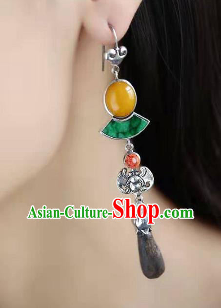 Handmade China Silver Bat Eardrop Jewelry Traditional Cheongsam Jade Accessories National Eaglewood Earrings
