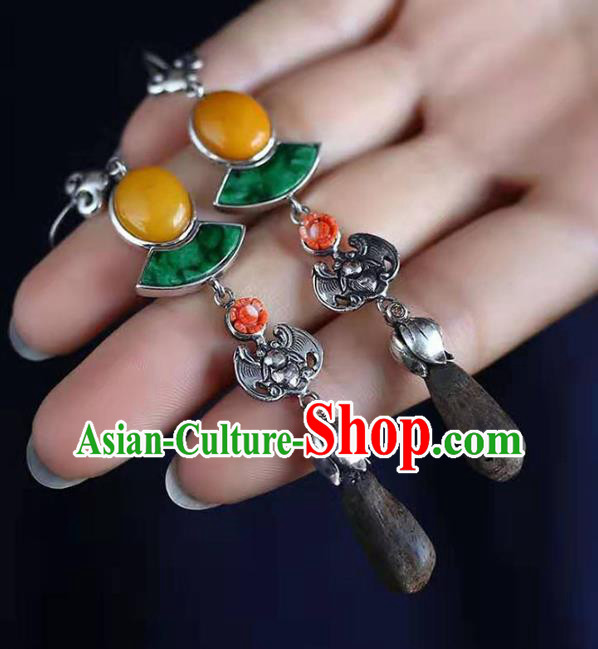 Handmade China Silver Bat Eardrop Jewelry Traditional Cheongsam Jade Accessories National Eaglewood Earrings